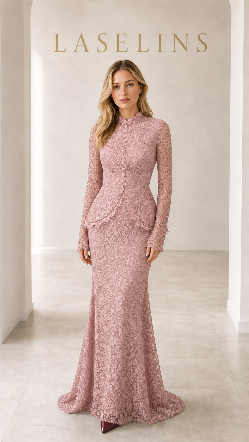 Model wearing dusty pink long sleeve lace peplum formal dress