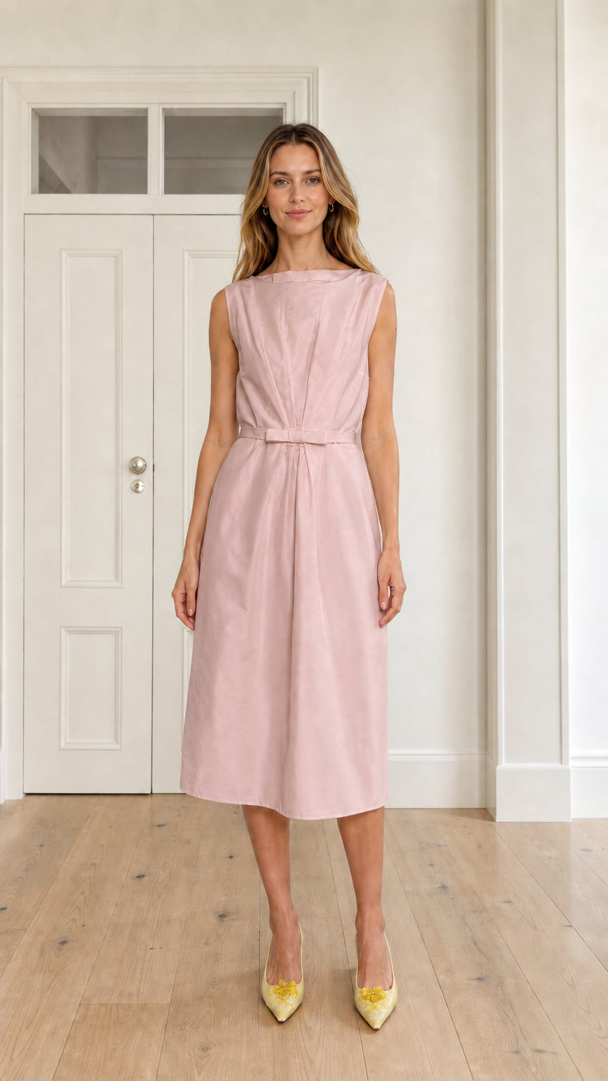 Front full view of woman wearing blush pink sleeveless pleated midi dress with waist bow
