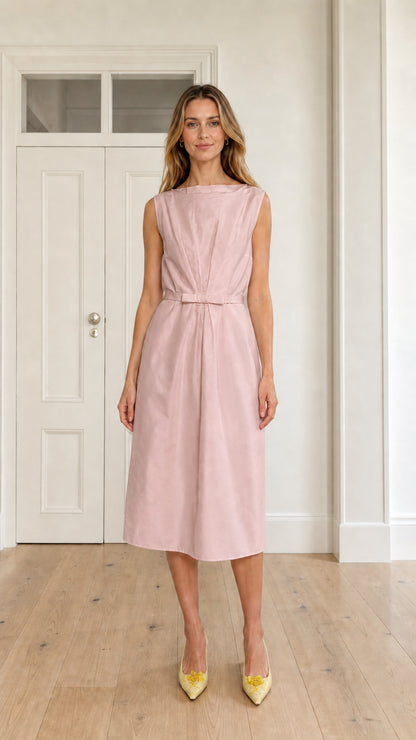 Front full view of woman wearing blush pink sleeveless pleated midi dress with waist bow