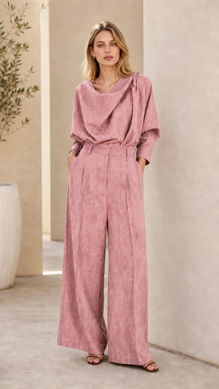 Dusty pink draped cowl neck top and matching wide leg pants set
