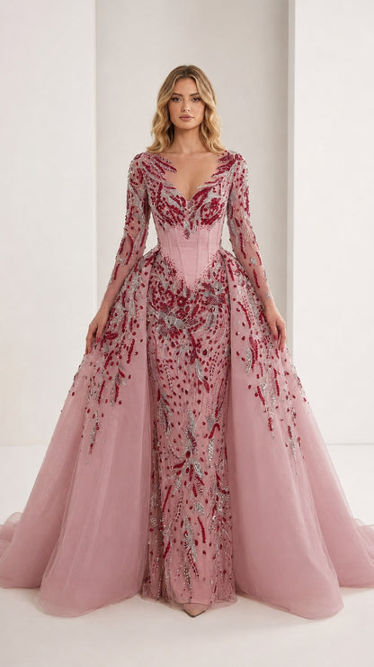 Beaded illusion evening gown in pink color variant