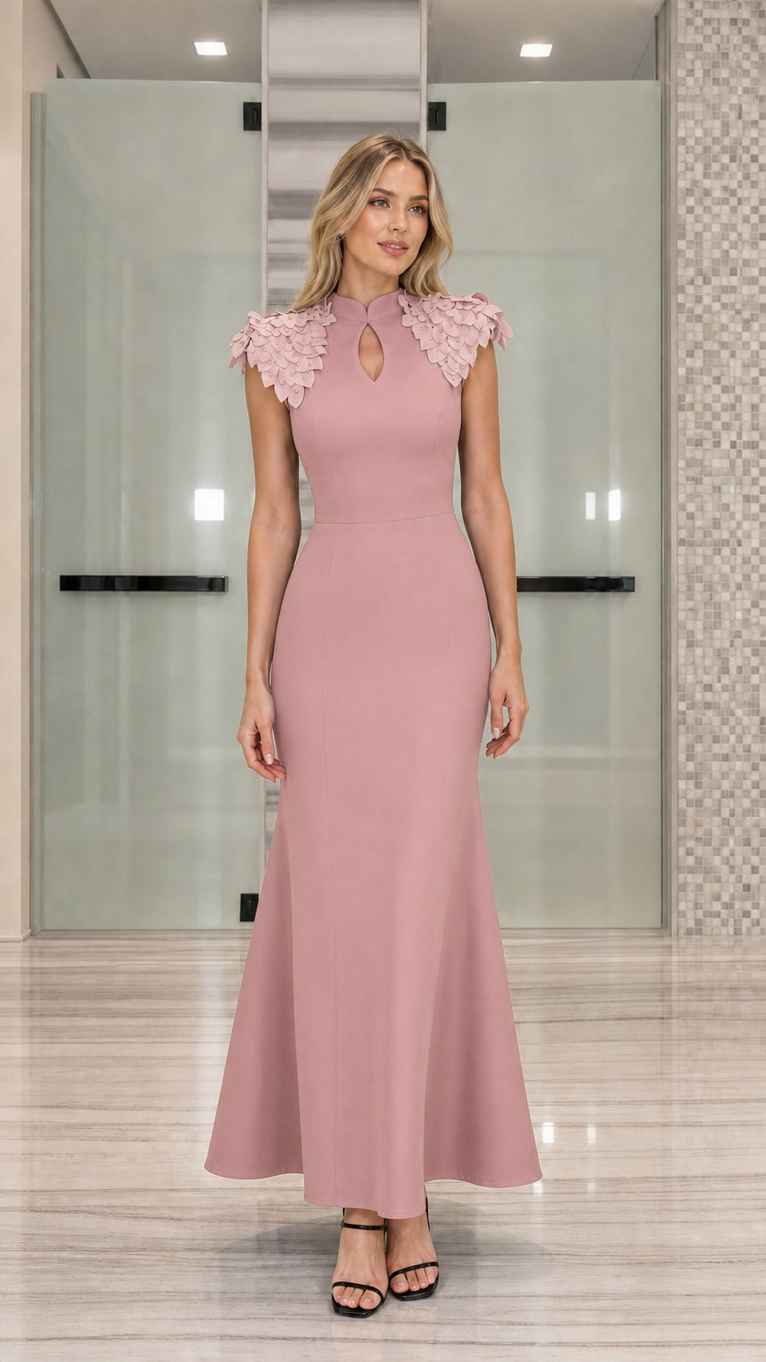 Full-length view of dusty rose pink mermaid maxi dress with tonal petal shoulder detail