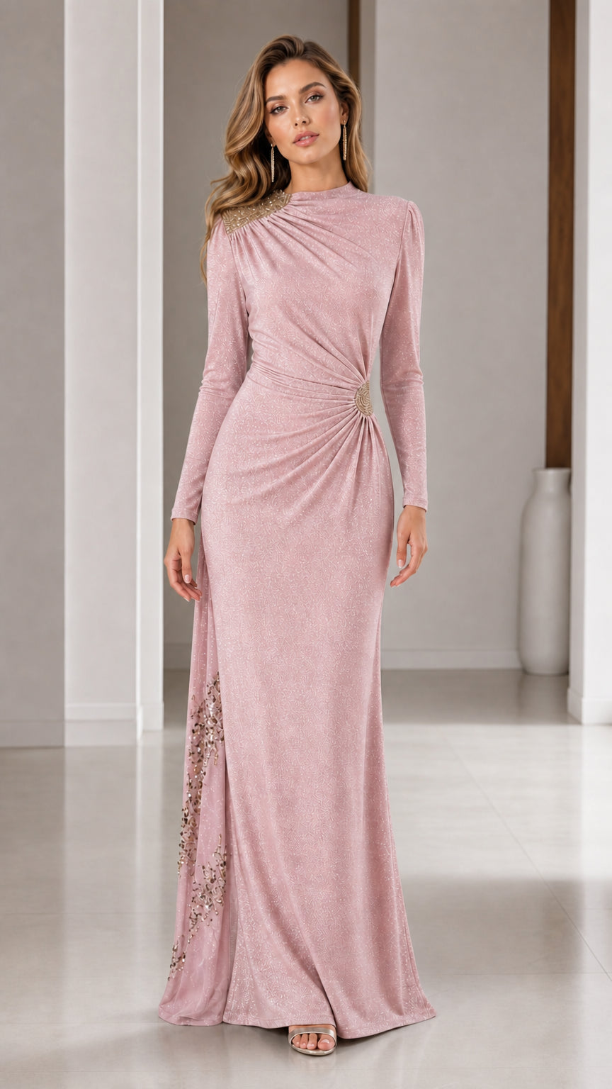 Blush pink long sleeve shimmer formal maxi gown with waist ruching