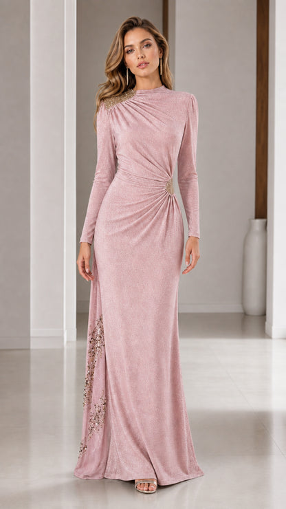 Blush pink long sleeve shimmer formal maxi gown with waist ruching