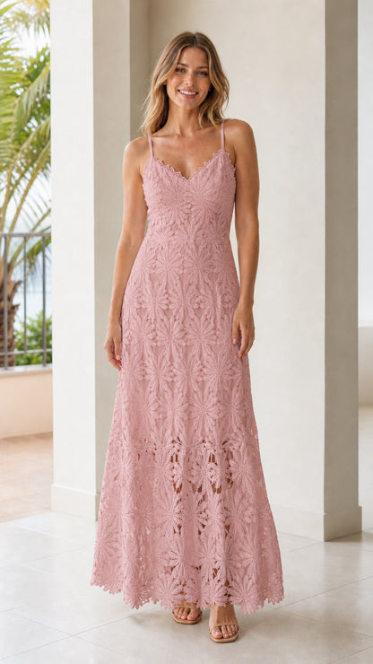 Dusty pink floral lace sleeveless maxi dress front view on model