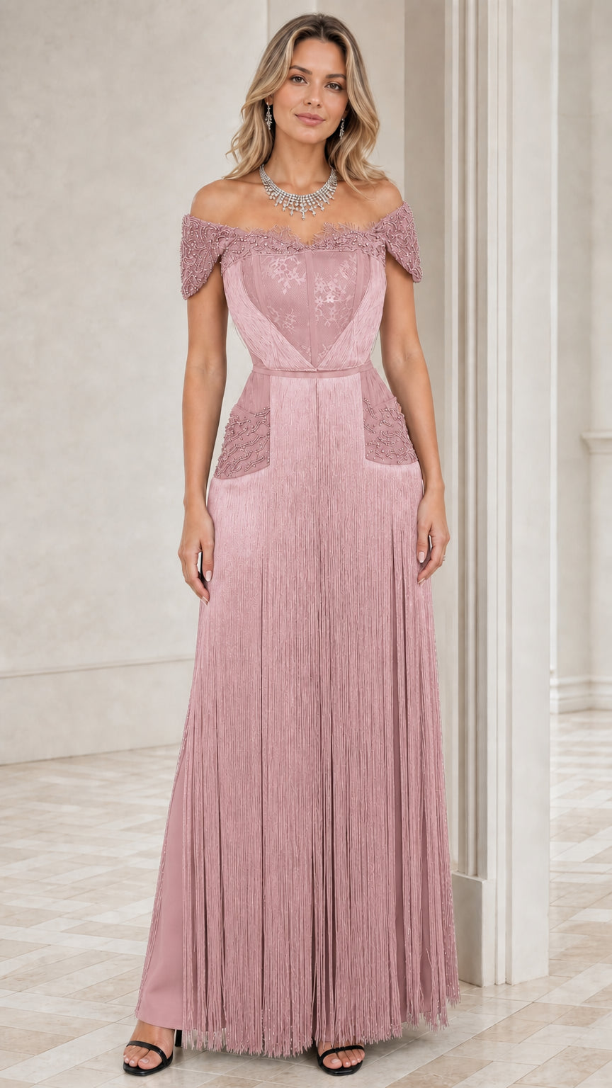 Dusty pink off-the-shoulder beaded evening gown with cascading fringe skirt