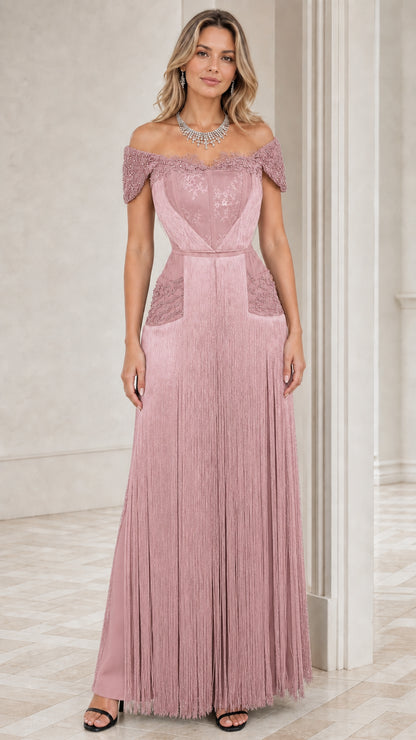 Dusty pink off-the-shoulder beaded evening gown with cascading fringe skirt
