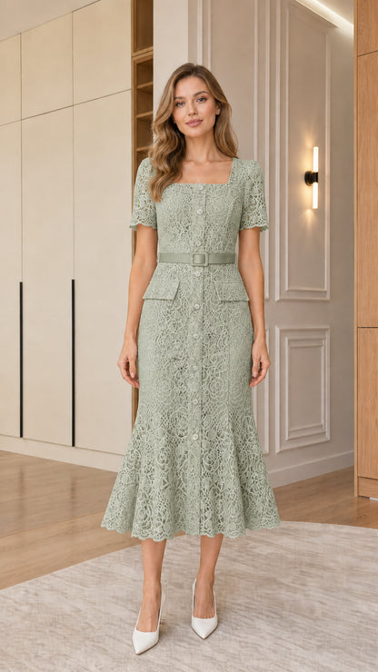 Front view of woman wearing sage green square neck lace midi dress