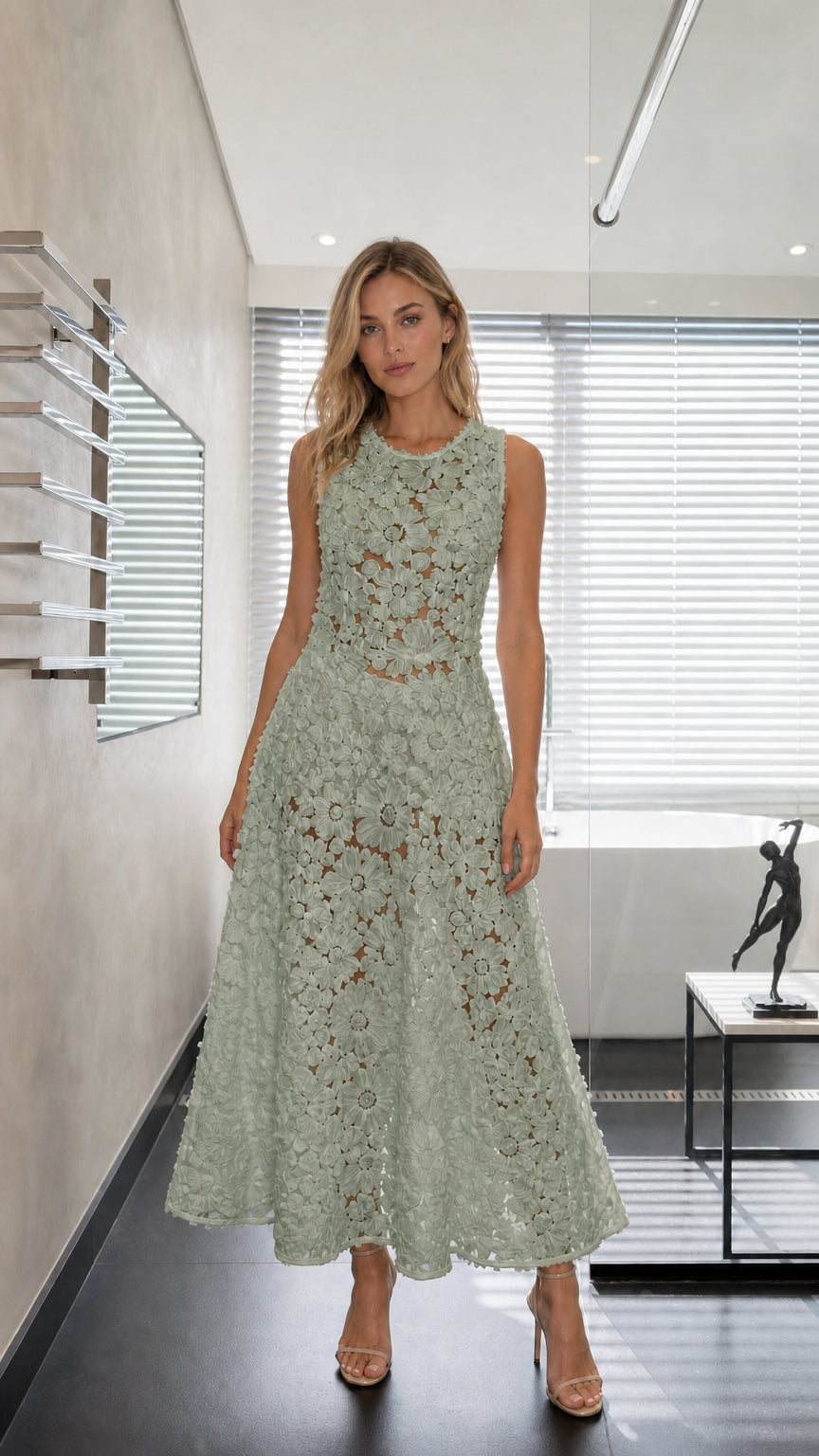 Sage green sleeveless 3D floral lace formal party dress