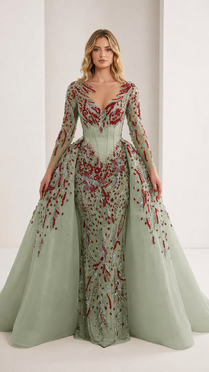 Beaded illusion evening gown in sage color variant