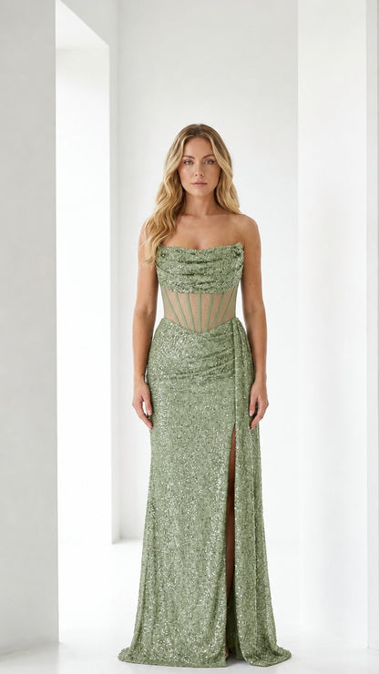 Front view of sage green sequin corset evening gown