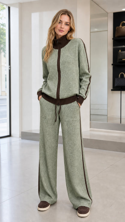 Full front view of woman wearing Sage Green knit zip jacket and wide-leg pants set