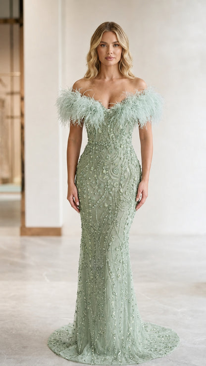 Sage green embellished evening gown with feather trim off-the-shoulder bodice