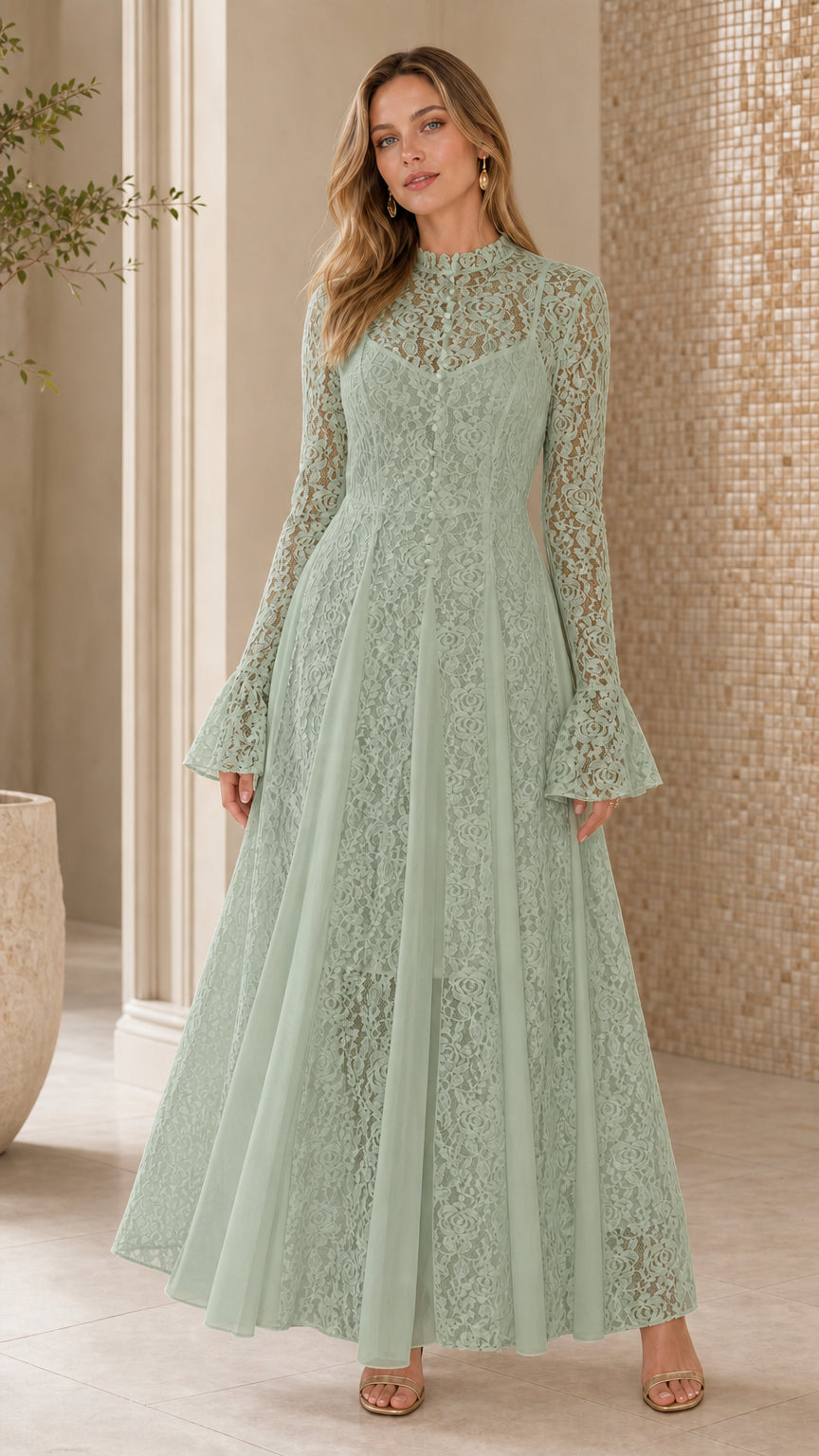Full length view of sage green lace long sleeve maxi dress