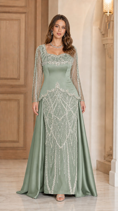 Sage Green formal evening dress with sheer beaded sleeves and corset bodice