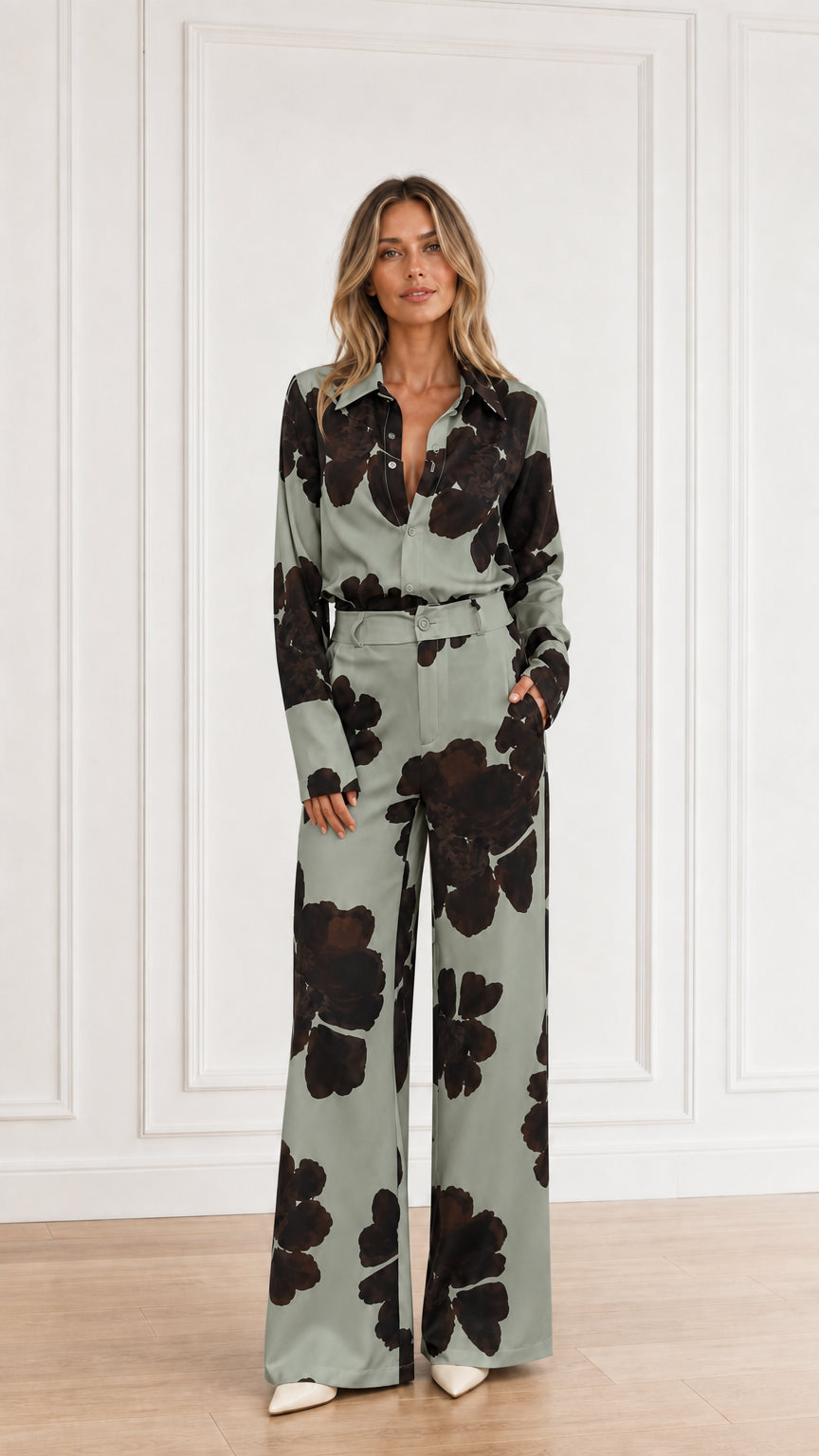 Full-length view of floral print two-piece shirt and pant set in sage green