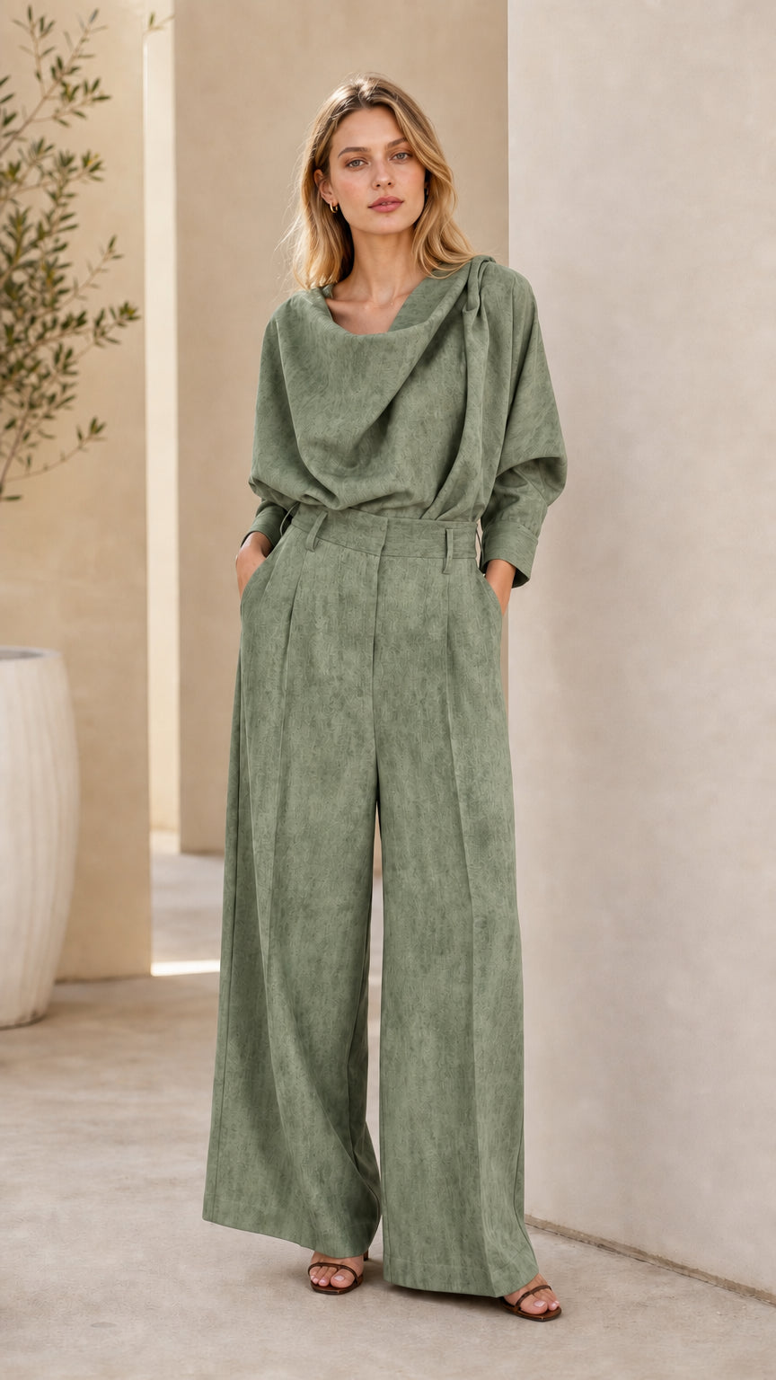Sage green cowl neck blouse and pleated wide leg trousers outfit