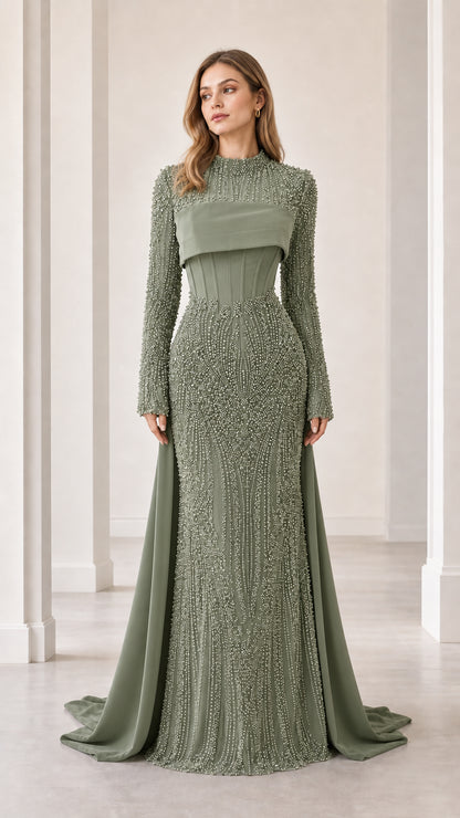 Sage green embellished long sleeve evening dress with high neck