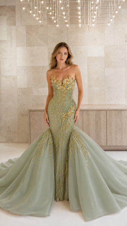 Model wearing sage green strapless mermaid evening dress with gold floral detailing