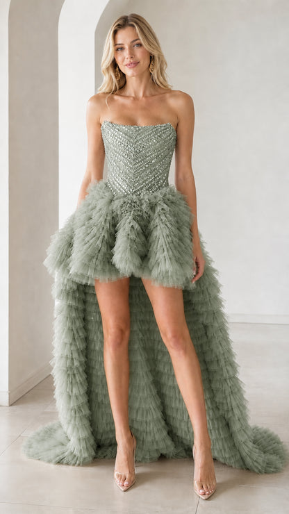 Front view of sage green color variant with sequin bodice