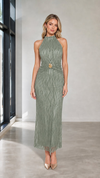 Front view of sage green halter neck maxi dress