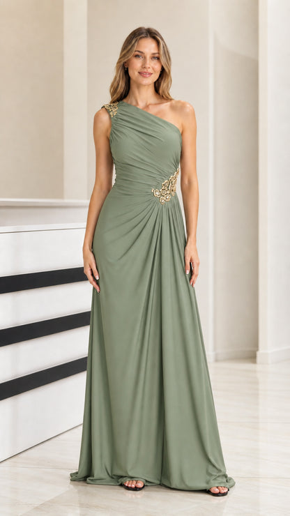Sage green one-shoulder evening gown with waist embellishment