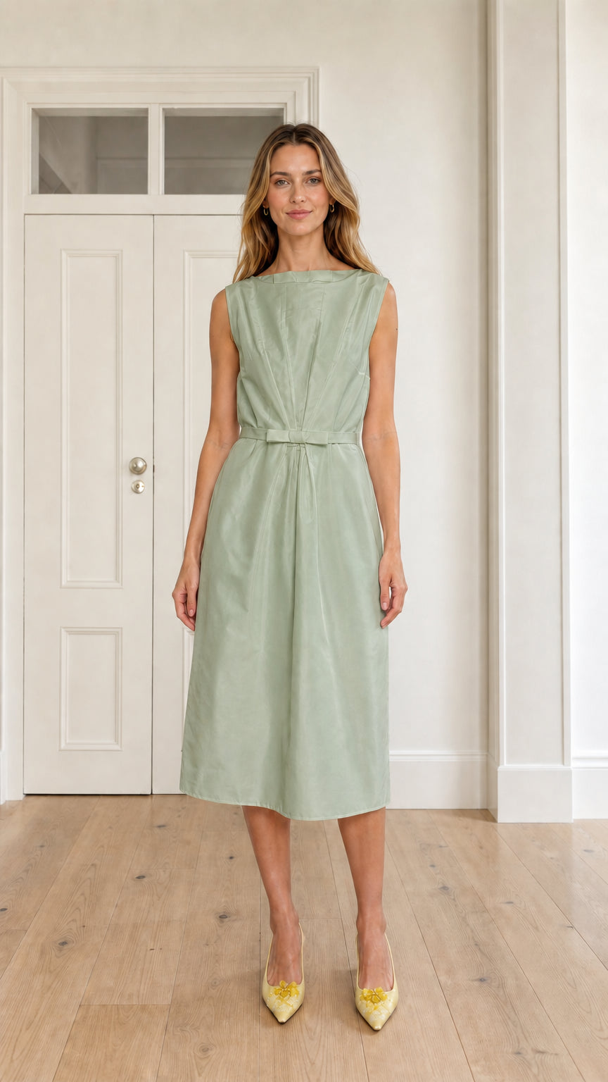 Front full view of woman wearing sage green sleeveless boatneck pleated midi dress