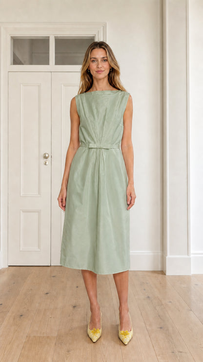 Front full view of woman wearing sage green sleeveless boatneck pleated midi dress