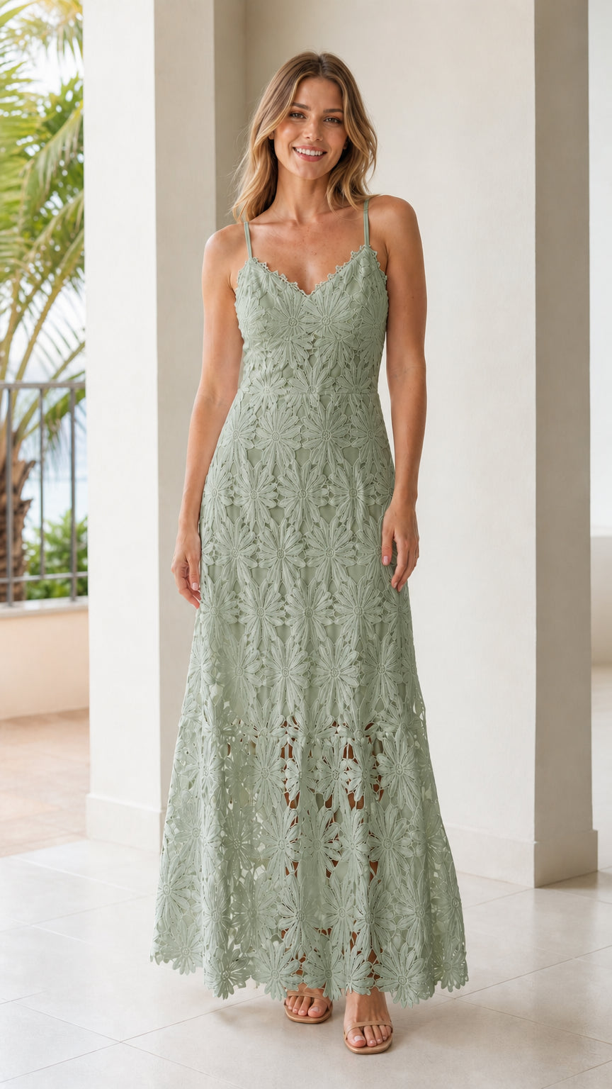 Sage green floral lace sleeveless maxi dress front view on model