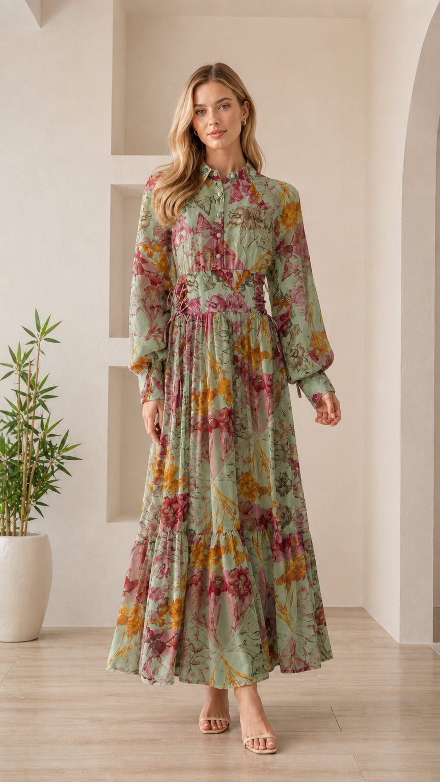 Woman wearing sage green floral long sleeve maxi dress