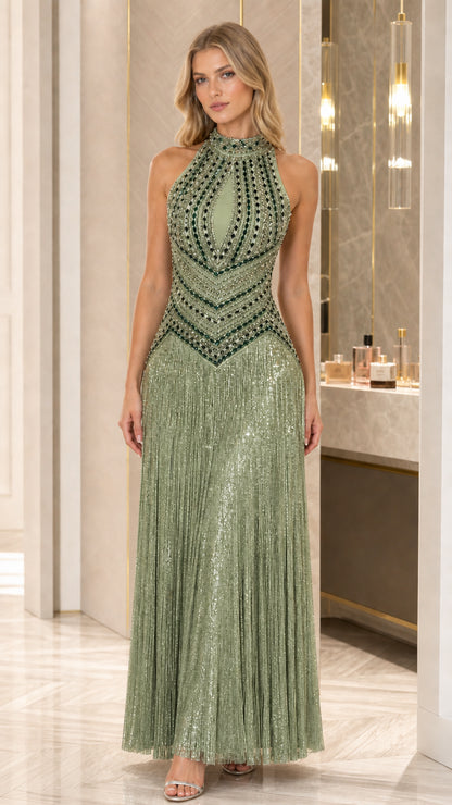 Sage green embellished halter fringe maxi evening gown