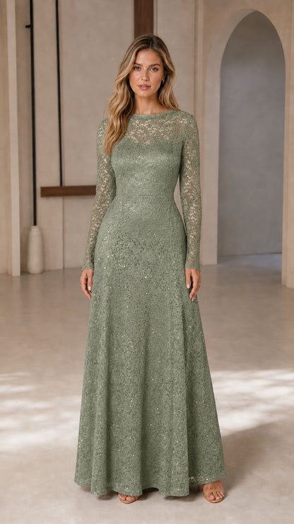 Front view of model wearing sage green long-sleeve lace gown