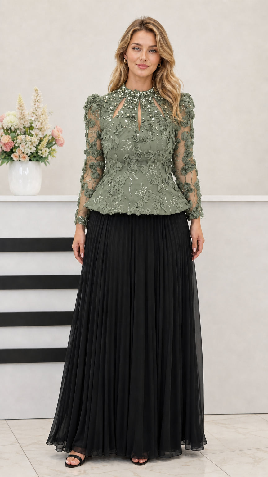 Sage green lace peplum bodice with black pleated maxi skirt formal dress