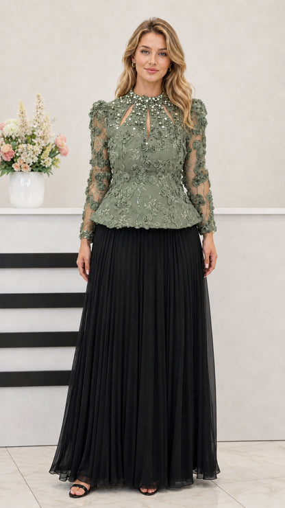 Sage green lace peplum bodice with black pleated maxi skirt formal dress