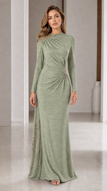 Sage green long sleeve shimmer floor-length evening dress