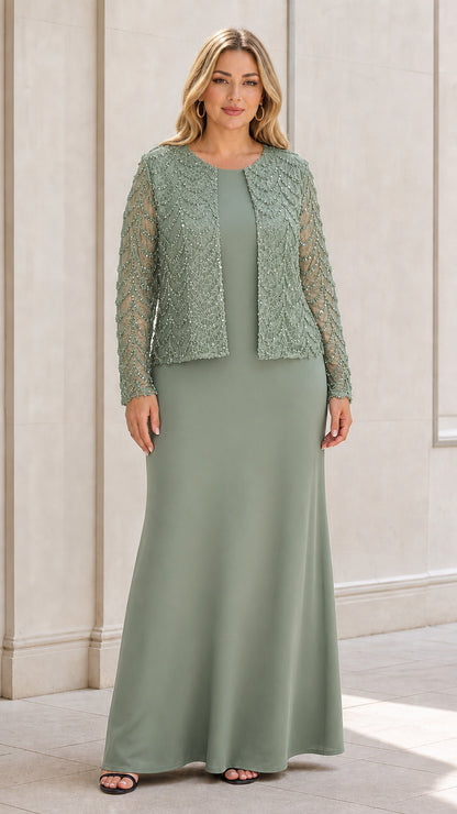 Sage green two-piece formal evening maxi dress with sequin jacket