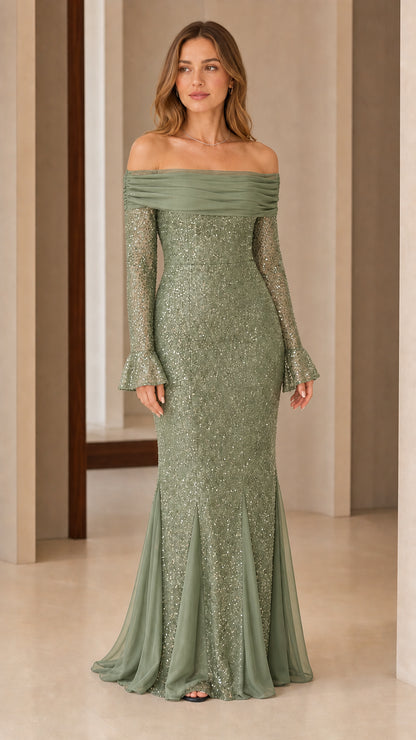 Front view of woman wearing sage green off-the-shoulder sequin maxi evening dress