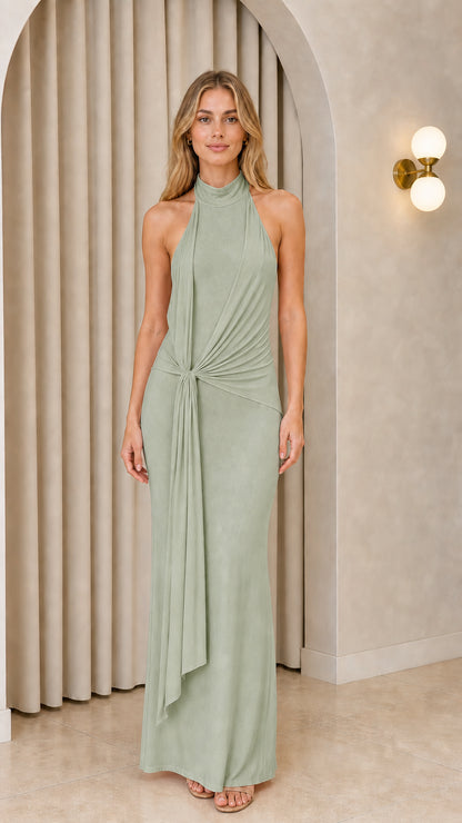 Front view of model wearing Sage Green Halter Neck Draped Evening Maxi Dress