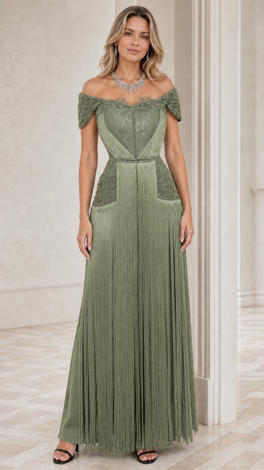 Sage green off-the-shoulder beaded fringe formal maxi dress