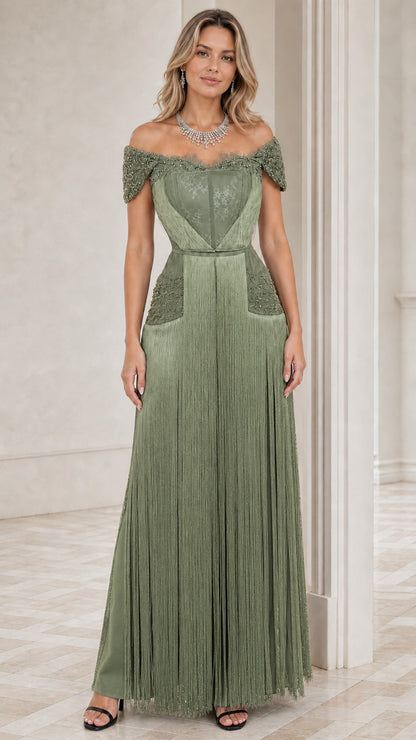 Sage green off-the-shoulder beaded fringe formal maxi dress