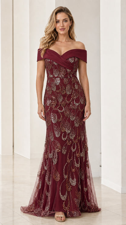 Burgundy off-the-shoulder sequin mermaid maxi formal gown