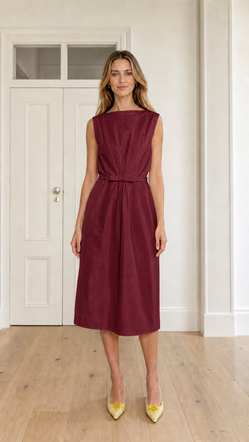 Front full view of woman wearing burgundy wine sleeveless pleated A-line midi dress