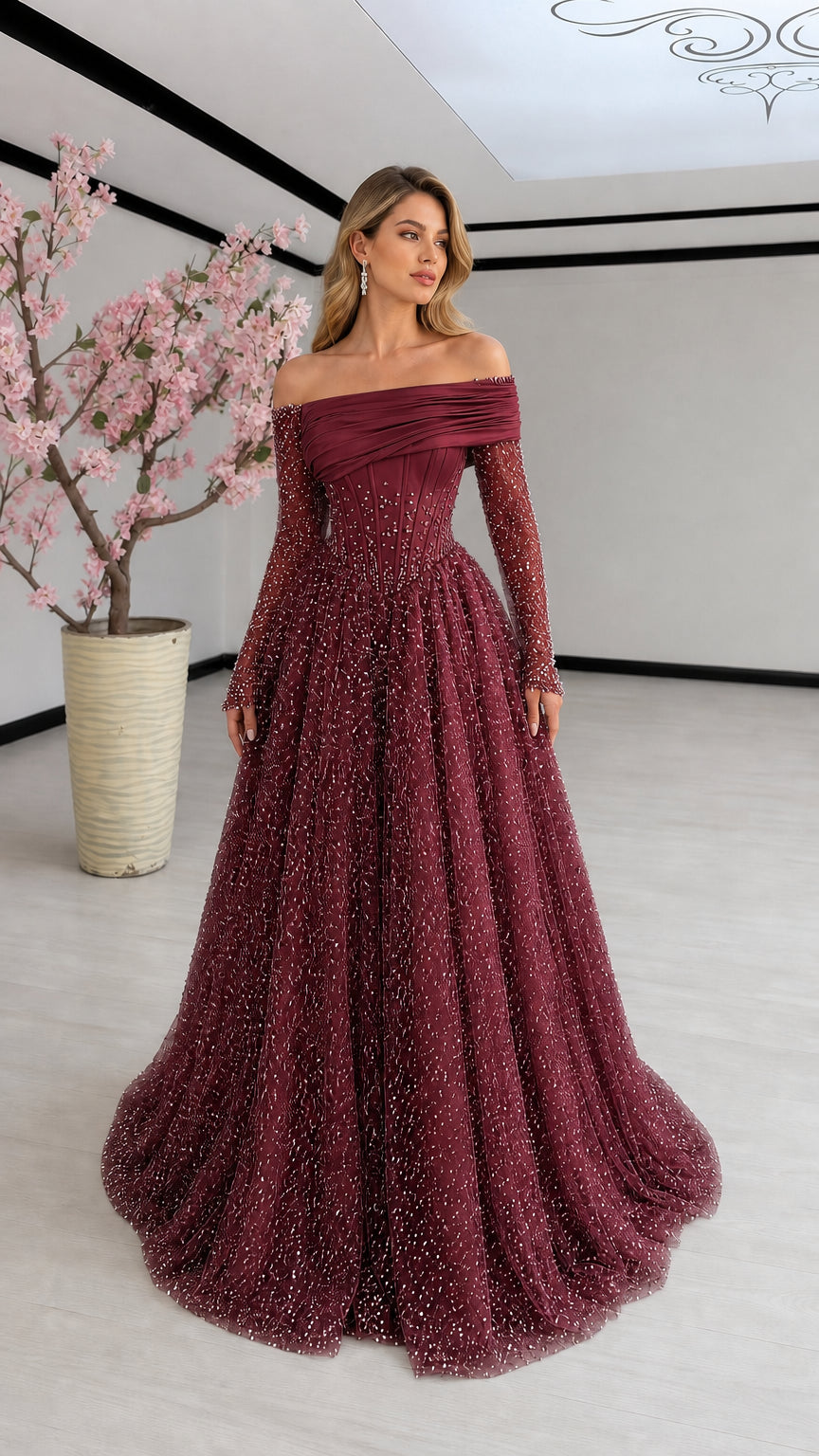 Burgundy off-the-shoulder corset ball gown with sparkling embellishments