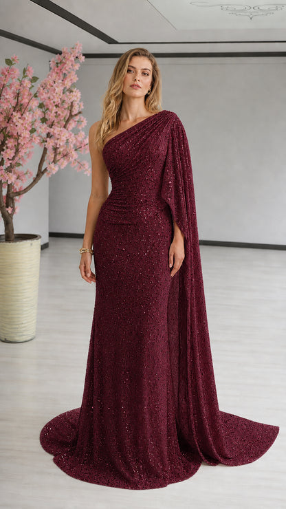Burgundy wine red one-shoulder sequin evening dress with attached cape
