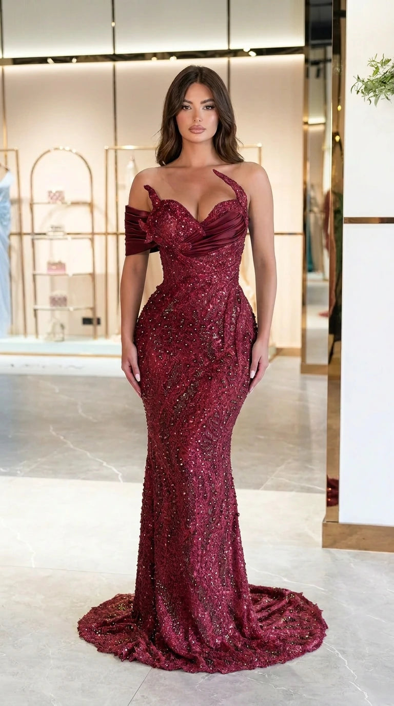 Burgundy wine red embellished corset mermaid evening gown