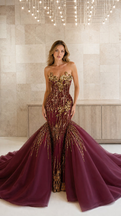 Model wearing burgundy wine strapless mermaid evening gown with gold embellishments
