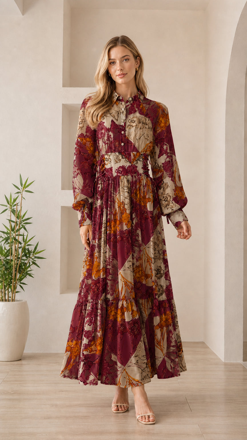 Woman wearing burgundy floral long sleeve maxi dress
