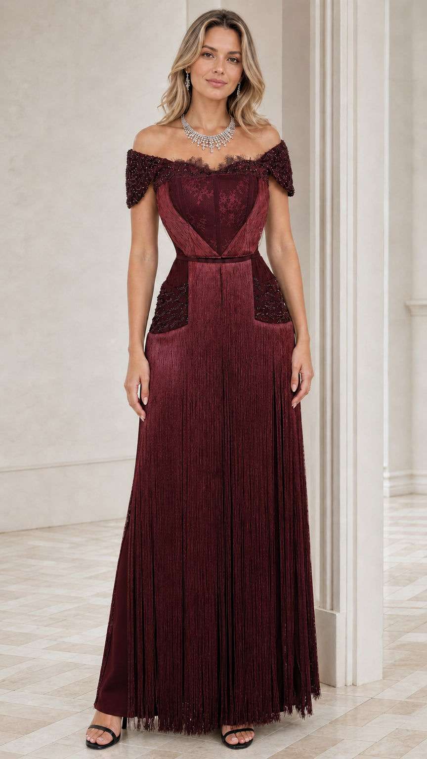 Burgundy wine off-the-shoulder beaded fringe evening gown
