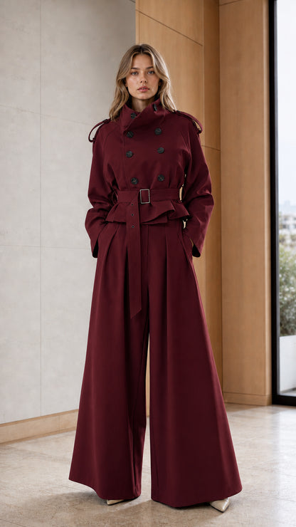 Woman wearing burgundy two-piece trench jacket and wide-leg pants set