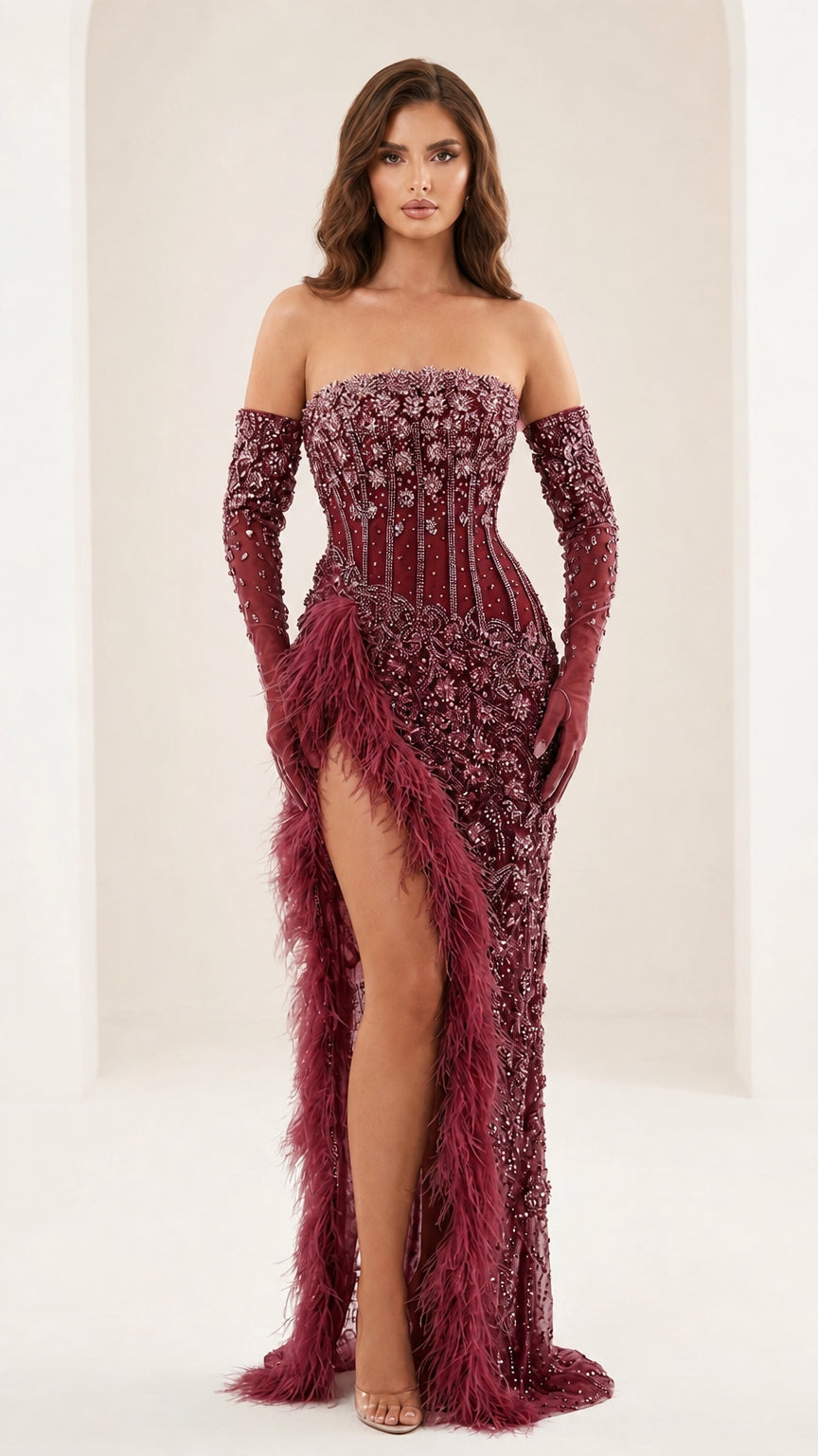 Front view of burgundy evening gown variant with gloves